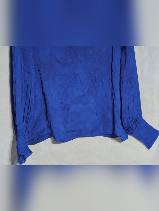 Banana Republic Sz L P Cobalt Blue Long-Sleeve Pleated-Sleeve Blouse - Picture 3 of 8